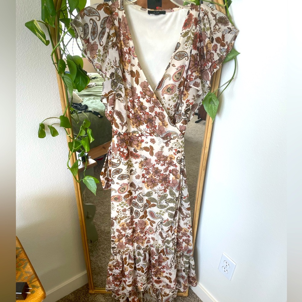 White Floral Earthy Wrap Dress